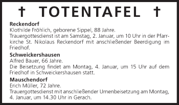 Anzeige von Totentafel vom 02.01.2016 von MGO