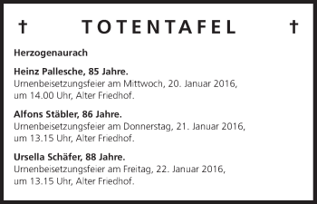 Anzeige von Totentafel vom 16.01.2016 von MGO