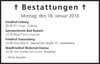 Anzeige von Bestattungen vom 18.01.2016 von MGO