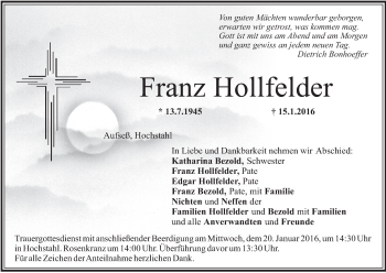 Anzeige von Franz Hollfelder von MGO