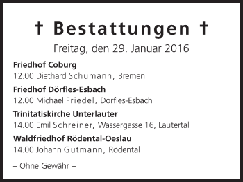 Anzeige von Bestattungen vom 29.01.2016 von MGO