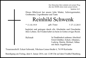 Anzeige von Reinhild Schwenk von MGO