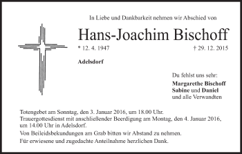 Anzeige von Hans-Joachim Bischoff von MGO