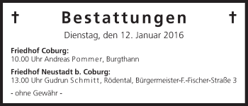 Anzeige von Bestattungen vom 12.01.2016 von MGO