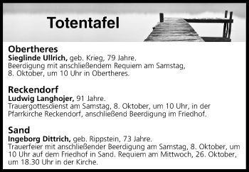 Anzeige von Totentafel vom 08.10.2016 von MGO