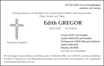 Anzeige von Edith Gregor von MGO