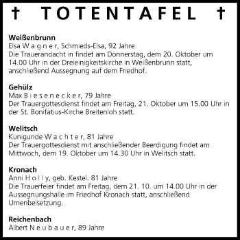 Anzeige von Totentafel vom 19.10.2016 von MGO
