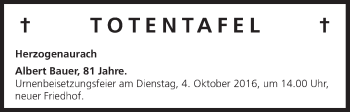Anzeige von Totentafel vom 01.10.2016 von MGO