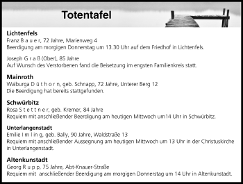 Anzeige von Totentafel vom 05.10.2016 von MGO