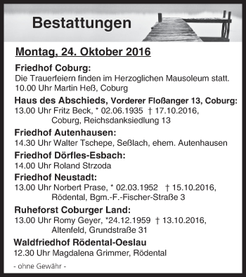Anzeige von Bestattungen vom 24.10.2016 von MGO