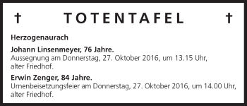Anzeige von Totentafel vom 25.10.2016 von MGO