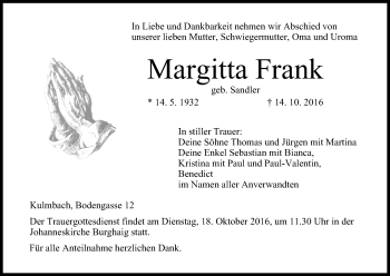 Anzeige von Margitta Frank von MGO