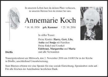 Anzeige von Annemarie Koch von MGO