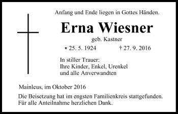 Anzeige von Erna Wiesner von MGO