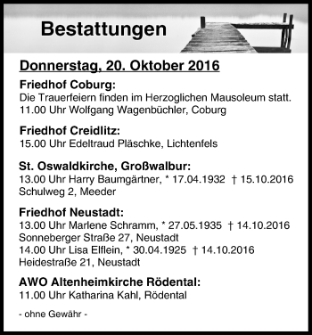 Anzeige von Bestattungen vom 20.10.2016 von MGO