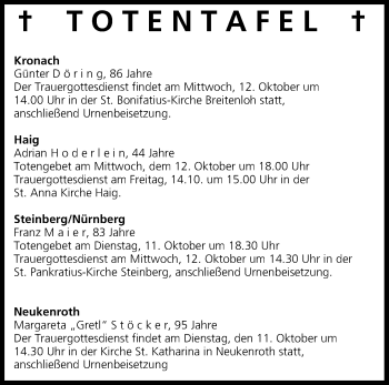 Anzeige von Totentafel vom 11.10.2016 von MGO