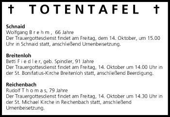 Anzeige von Totentafel vom 13.10.2016 von MGO