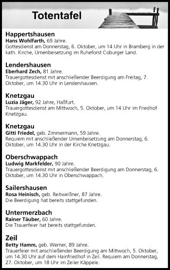 Anzeige von Totentafel vom 05.10.2016 von MGO