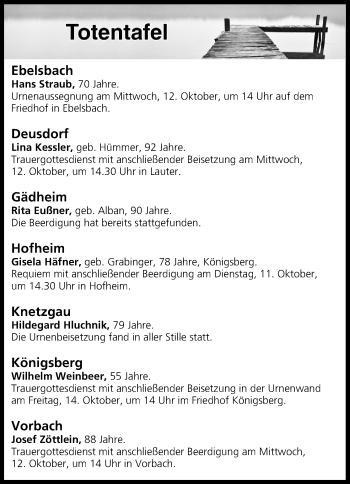 Anzeige von Totentafel vom 11.10.2016 von MGO