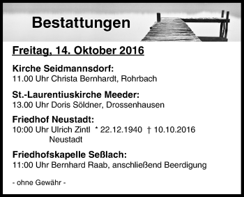 Anzeige von Bestattungen vom 14.10.2016 von MGO