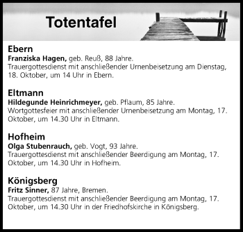 Anzeige von Totentafel vom 15.10.2016 von MGO