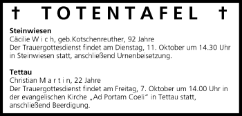 Anzeige von Totentafel vom 07.10.2016 von MGO