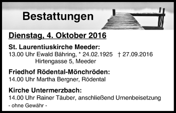 Anzeige von Bestattungen vom 04.10.2016 von MGO