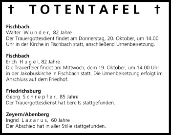 Anzeige von Totentafel vom 18.10.2016 von MGO