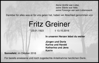 Anzeige von Fritz Greiner von MGO