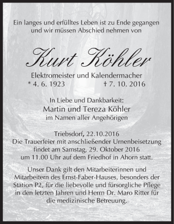 Anzeige von Kurt Köhler von MGO