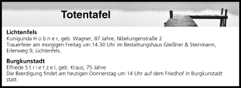 Anzeige von Totentafel vom 20.10.2016 von MGO