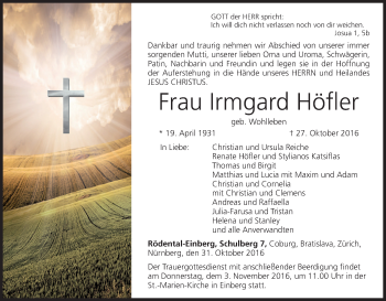 Anzeige von Irmgard Höfler von MGO
