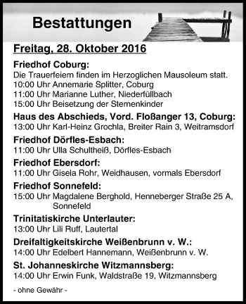 Anzeige von Bestattungen vom 28.10.2016 von MGO