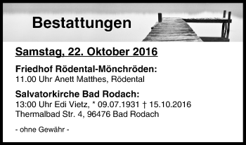 Anzeige von Bestattungen vom 22.10.2016 von MGO