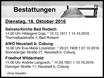 Anzeige von Bestattungen vom 18.10.2016 von MGO