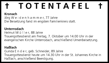 Anzeige von Totentafel vom 05.10.2016 von MGO