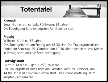 Anzeige von Totentafel vom 28.10.2016 von MGO