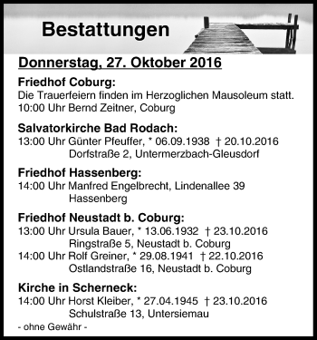 Anzeige von Bestattungen vom 27.10.2016 von MGO