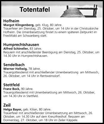 Anzeige von Totentafel vom 25.10.2016 von MGO