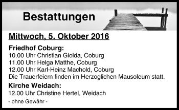 Anzeige von Bestattungen vom 05.10.2016 von MGO