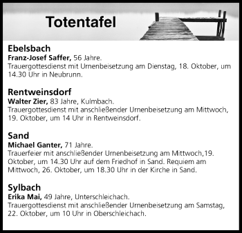 Anzeige von Totentafel vom 18.10.2016 von MGO