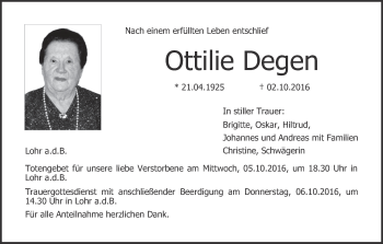 Anzeige von Ottilie Degen von MGO