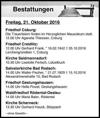 Anzeige von Bestattungen vom 21.10.2016 von MGO