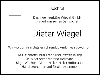 Anzeige von Dieter Wiegel von MGO
