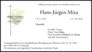 Anzeige von Hans-Jürgen Mixa von MGO