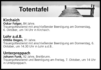Anzeige von Totentafel vom 06.10.2016 von MGO