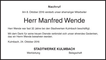 Anzeige von Manfred Wende von MGO