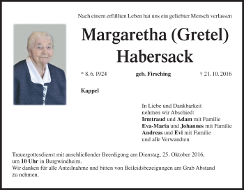 Anzeige von Margaretha Habersack von MGO