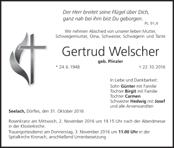 Anzeige von Gertrud Welscher von MGO