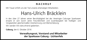 Anzeige von Hans-Ulrich Bräcklein von MGO